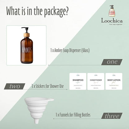 LOOCHICA Hand Amber Glass Soap Dispenser with Pump, Amber Hand Soap Dispenser, Refillable Reusable Apothecary Soap Pump Dispenser Bottles for Bathroom and Kitchen Use - Image 2