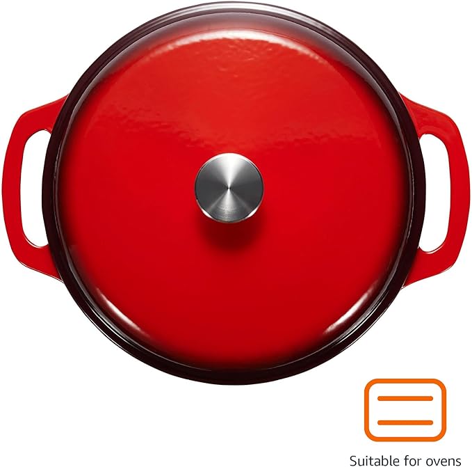 Amazon Basics Enameled Cast Iron Dutch Oven Pot with Lid, Round, Dual Handles, Heavy-Duty, Oven Safe for Stews, Roasting, Baking, 6-Quart, Red - Image 2