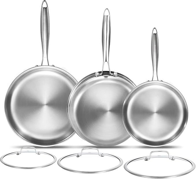 DELARLO Tri-Ply Stainless Steel Pan, 18/10 Frying Pan, Oven Safe Up to 600°F, Nontoxic Cookware, Compatible with All Cooktops Skillet, Durable, Fast Even Heat Fry Pan,8" 10" 12" with lids by DELARLOCOOKWARE