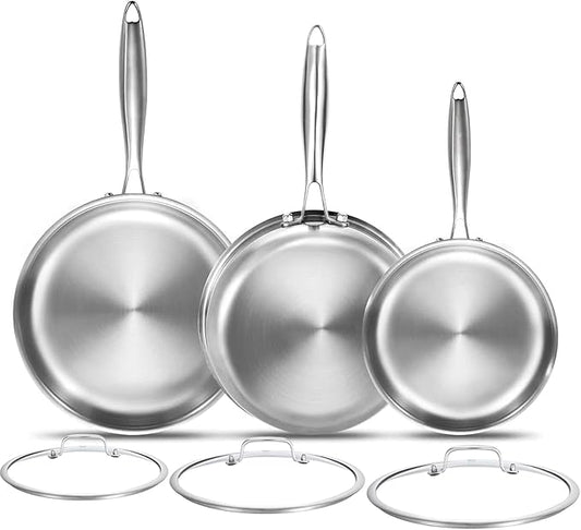 DELARLO Tri-Ply Stainless Steel Pan, 18/10 Frying Pan, Oven Safe Up to 600°F, Nontoxic Cookware, Compatible with All Cooktops Skillet, Durable, Fast Even Heat Fry Pan,8" 10" 12" with lids by DELARLOCOOKWARE