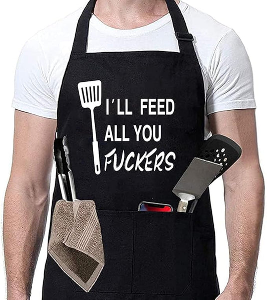 Rosoz Funny Black Chef Aprons for Men Adjustable BBQ Grill Kitchen Cooking Aprons with Pockets, Grill Accessories