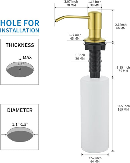 Built in Soap Dispenser for Kitchen Sink, Gold Brushed Stainless Steel Countertop Pump Head, Dish Soap Hand Lotion Dispenser with Refillable 17OZ Bottle