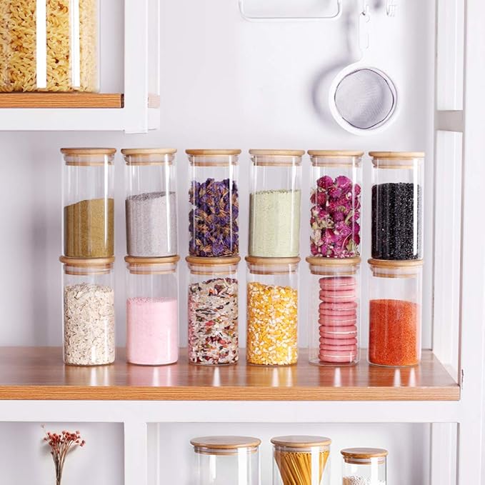 Tzerotone 12 Pcs Glass Spice Jars - 8.5oz Empty Small Glass Bottles with Bamboo Airtight Lids and Labels - Thicken Seasoning Spice Containers for Kitchen Organization and Storage… - Image 2