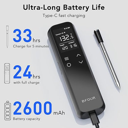 BFOUR Wireless Meat Thermometer Bluetooth with Digital Standalone Base, WiFi Unlimited Range, 6 Precision Sensor, IP67 Waterproof and Heat Resistant, Digital Meat Thermometer for Food Cooking