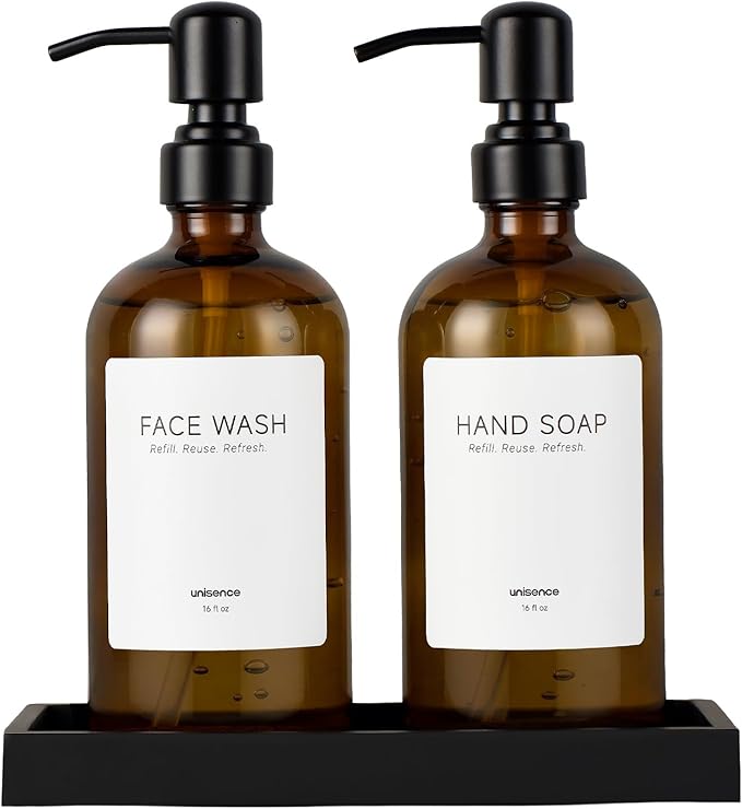 Glass Soap Dispenser Set for Kitchen, Hand and Dish Soap Dispenser with Stainless Steel Pump & Resin Tray, Rental-Modern Refillable Countertop Soap Dispenser for Kitchen Hotel,Amber