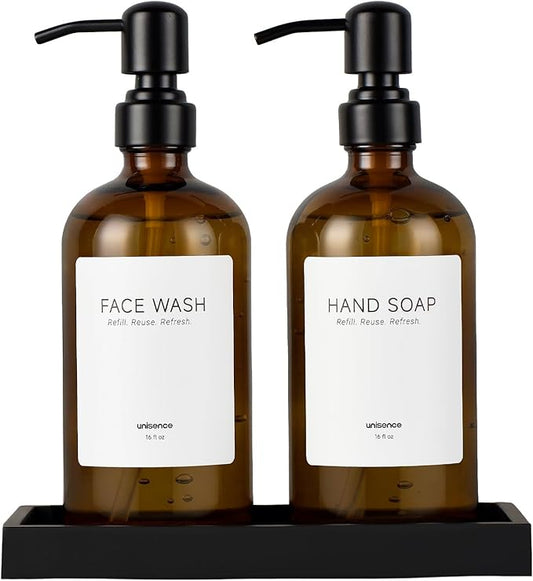 Glass Soap Dispenser Set for Kitchen, Hand and Dish Soap Dispenser with Stainless Steel Pump & Resin Tray, Rental-Modern Refillable Countertop Soap Dispenser for Kitchen Hotel,Amber