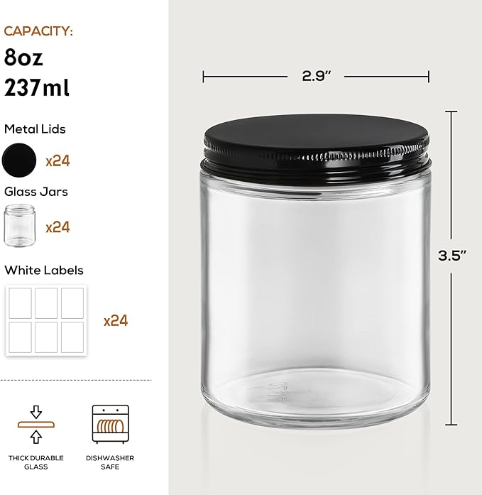 24 Pack, 8 OZ Thick Glass Jars with Metal Lids, Clear Round Candle Making Jars,Empty Food Storage Containers, Mason Canning Jar For Spice, Powder, Liquid, Sample, Lotion, Cosmetic,Dishwasher Safe - Image 2