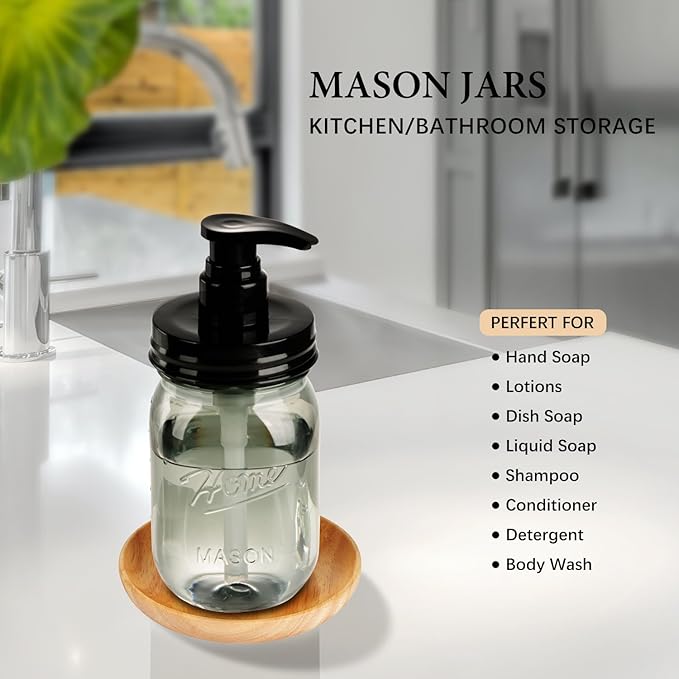 Amolliar Plastic Mason Jar Soap Dispenser with Pump Lid,16OZ Refillable Hand Soap Dispenser Set with Cute Lables, Farmhouse Decor for Kitchen Bathroom, Liquid Soap, Dish Soap (2 Pack, Black) - Image 6