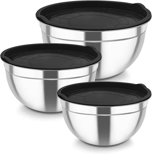 TeamFar Mixing Bowls, Stainless Steel Nesting Salad Bowls with Airtight Lids Set, For Serving/Mixing/Storing, Healthy & Long-lasting, Dishwasher Safe & Easy Clean, 4.6/3 / 1.5 QT, Black by TeamFar