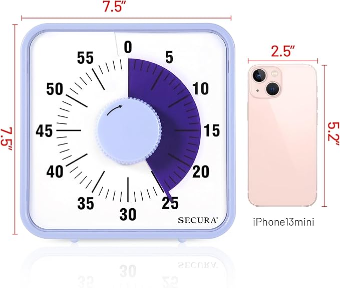 Secura 7.5 Inch Visual Timer, 60 Minute Oversize Visual Countdown Timer for Kids and Adults, Durable Mechanical Time Management Tool (Violet) - Image 7