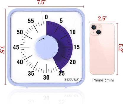 Secura 7.5 Inch Visual Timer, 60 Minute Oversize Visual Countdown Timer for Kids and Adults, Durable Mechanical Time Management Tool (Violet) - Image 7