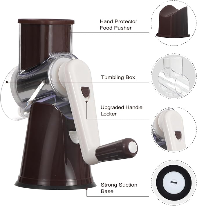 Cambom Rotary Cheese Grater Hand Crank Cheese Shredder for Fresh Cheese, Vegetable, Nuts,Non-slip Suction Base, Free Cleaning Brush Three Blades, Coffe Color - Image 5