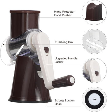 Cambom Rotary Cheese Grater Hand Crank Cheese Shredder for Fresh Cheese, Vegetable, Nuts,Non-slip Suction Base, Free Cleaning Brush Three Blades, Coffe Color - Image 5