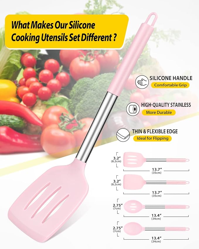 Pack of 4 Silicone Cooking Utensils Set, Non Stick Large Solid Spatulas, Heat Resistant Pink Slotted Spoons, Ideal BPA Free Kitchen Turners for Frying, Mixing,Serving,Draining,Turning,Stirring - Image 2