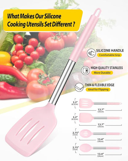 Pack of 4 Silicone Cooking Utensils Set, Non Stick Large Solid Spatulas, Heat Resistant Pink Slotted Spoons, Ideal BPA Free Kitchen Turners for Frying, Mixing,Serving,Draining,Turning,Stirring - Image 2