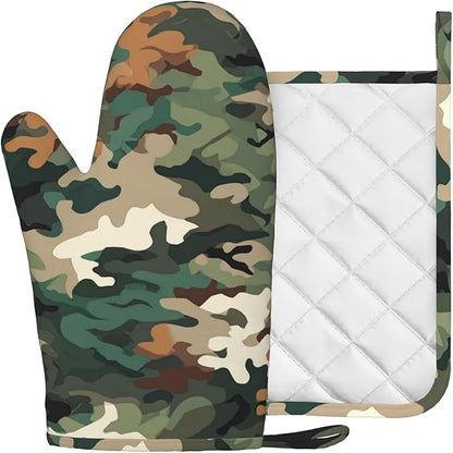 Green Camouflage Oven Mitt and Pot Holder with Silicone Heat Resistant Kitchen for Cooking BBQ Baking Grilling Cooking Protection