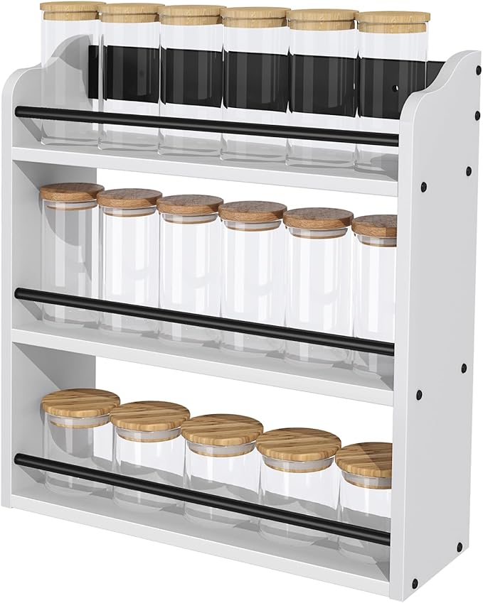 3 Tier Wooden Spice Rack, Seasoning Jars Rack Shelf Spice Organizer for Countertop or Wall Mount, Vertical Spice Holder for Kitchen Counter, Cabinet, Pantry, White - Image 6