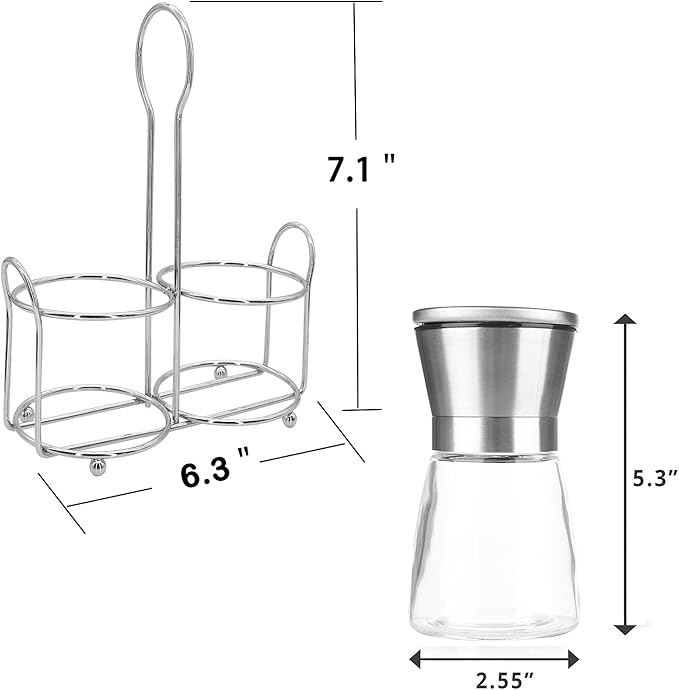Premium Stainless Steel Salt and Pepper Grinder Set - Short Glass Shaker, Pepper Mill & Salt Mill with Adjustable Coarseness, Refillable for Himalayan or Sea Salt, Black Peppercorn, with Bonus Stand - Image 5