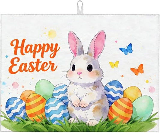 Easter Bunny Dish Drying Mat, for Kitchen Counter Microfiber Absorbent Easter Eggs Dish Draining Reusable Washable Extra Large 18"x24" by Vodbne