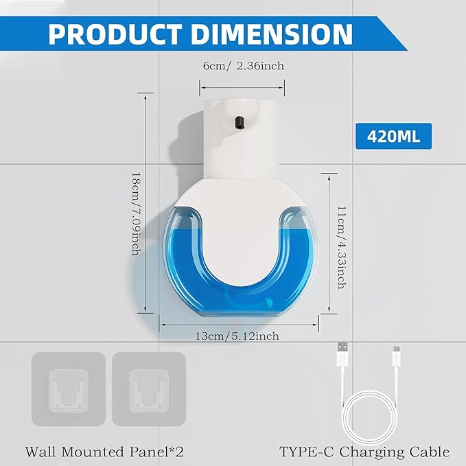 2Pack Automatic Soap Dispenser Touchless,Rechargeable Liquid Soap Dispenser,15oz/420ml Smart Hand Soap Dispensers,4-Level Adjustable,Wall Mount for Bathroom Kitchen Dish Soap,Hands-Free(White) - Image 2