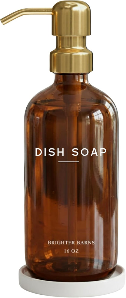 Luxury Glass Dish Soap Dispenser for Kitchen Sink by Brighter Barns - Kitchen Soap Dispenser Set with Pump & Tray - Refillable Glass Bottle for Liquid - Luxury Home Decor for Airbnb, Gift (Amber/Gold) by BrighterBarns