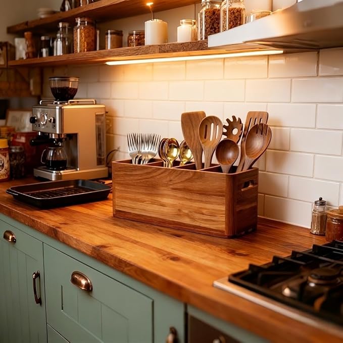 Wooden Kitchen Utensil Holder for Countertop - Extra Large Utensil Organizer for Storage Cooking and Silverware with 4 Compartment, Rustic Acacia Wood Container - Image 2