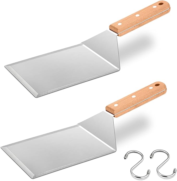 Wooden Metal Spatulas 2Pcs, HaSteeL Professional Griddle Spatula Tools Set, Hamburger Turner Pancake Flipper Perfect for Teppanyaki Flat Top BBQ Grilling Kitchen Cooking Indoor & Outdoor - 2 Hooks