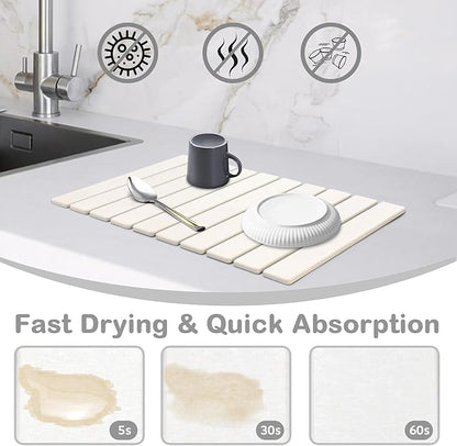 2 PCS Large Stone Dish Drying Mat for Kitchen Counter, 24"×16" Dish Drying Mat with 8"x 4" Coasters, Non - Slip Collapsible Absorbent Mat for Multi - Purpose, Match Any Countertop【White】 - Image 2