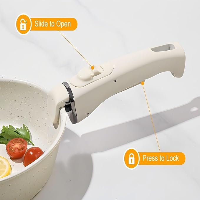 Pots and Pans Set Non Stick, Ceramic Cookware Set Nonstick Frying Pans 5 Pcs-Non Toxic PFAS/PFOA/PTFE Free, with Detachable Handle for RV Kitchen, Induction & Dishwasher Safe Cream White - Image 7