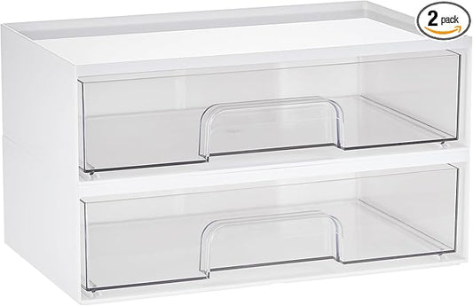 Vtopmart 2 Pack Clear Stackable Storage Drawers,12.1''W Plastic Organizers Bins for Beauty Supplies, Ideal for Vanity, Bathroom, Cabinet, Room Organization, White by Vtopmart