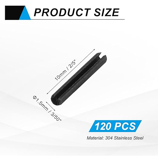 MECCANIXITY 120Pcs Slotted Split Roll Pins 3/50 Inch(1.5mm) Dia. 2/5 Inch(10mm) Length Steel Spring Tension Expansion Dowels for Secure Fastening, Black