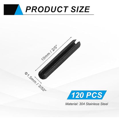 MECCANIXITY 120Pcs Slotted Split Roll Pins 3/50 Inch(1.5mm) Dia. 2/5 Inch(10mm) Length Steel Spring Tension Expansion Dowels for Secure Fastening, Black
