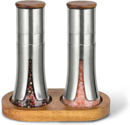 Aelga Salt and Pepper Grinder Set with Wooden Tray - 4oz Glass Manual Pepper Mill with 5-Level Adjustable Coarseness, Refillable Salt Grinder with Wood Lid, Silicone Funnel by Aelga
