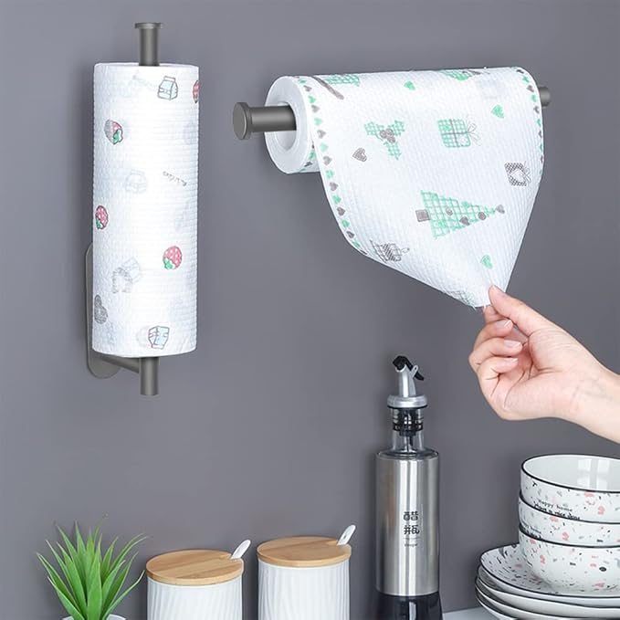 MGahyi Paper Towel Holder Wall Mount, Self Adhesive Or Drilling Paper Towel Holder Under Cabinet, 13.2 inch Stainless Steel Kitchen Paper Towel Roll Rack, Bathroom Towel Roll Hanger(Grey, Rectangle) - Image 4