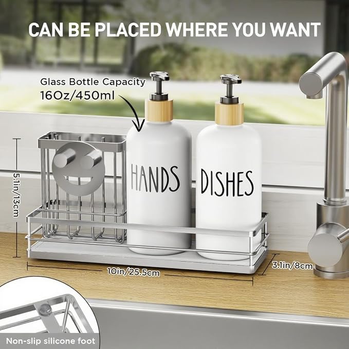 Moforoco Kitchen Dish Soap Dispenser Set, 16OZ Glass Bottle, Hand and Dish Soap Dispenser Set, Instant Dry Tray, Brush Holder with Smiley Face Sponge Holder (Silver Tray+White Bottle) - Image 5