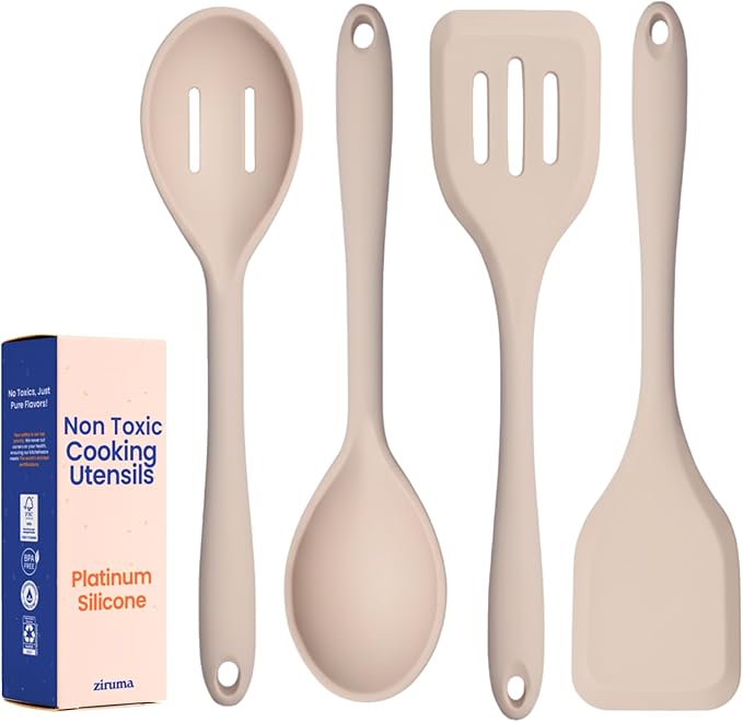 Non-Toxic Platinum Silicone Kitchen Utensil Set of 4 – Non-Scratch Cooking Spoon & Spatula, 100% Plastic Free, Stainless Steel Core, Heat Resistant 500°F, Beige by Ziruma