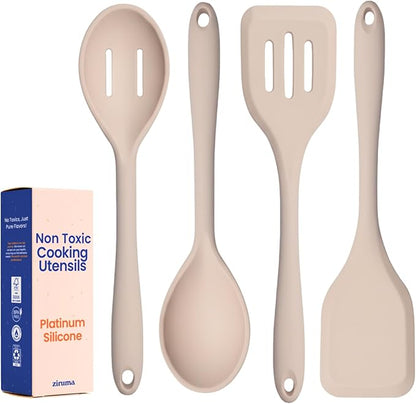 Non-Toxic Platinum Silicone Kitchen Utensil Set of 4 – Non-Scratch Cooking Spoon & Spatula, 100% Plastic Free, Stainless Steel Core, Heat Resistant 500°F, Beige by Ziruma