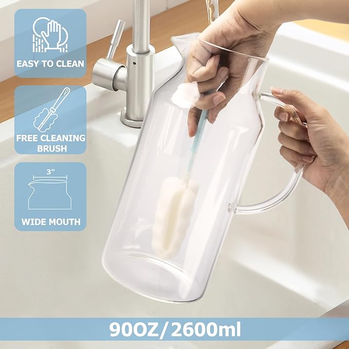 Yirilan Glass Pitcher, 90 oz/2.6 Liter Water Pitcher with Lid, Large Juice Pitchers for Drinks, Glass Water Carafe,Glass Tea Jug,Beverage Pitcher Transparent - Image 4