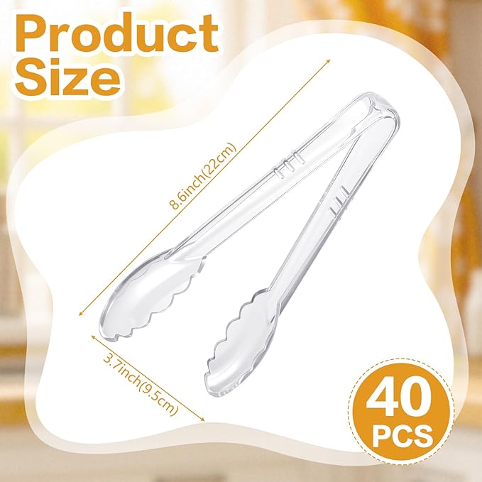 Mwellewm 40 Pc Serving Tongs 9 Inch Bulk Reusable or Disposable Plastic Tongs Heavy Duty Hard Plastic Serving Utensils Set Large Salad Tong for Kitchen Party Food Buffet Appetizer Catering (Clear) - Image 6