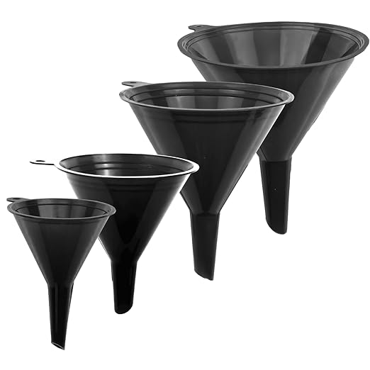 Funnels for Kitchen Use – Black Set in 4 Sizes (122, 101, 76 & 50mm) | Durable, Non-Toxic Food Grade Plastic – Ideal for Filling Bottles, Jars & Containers | Perfect for Kitchen, Garage & Labs by LIQVEE