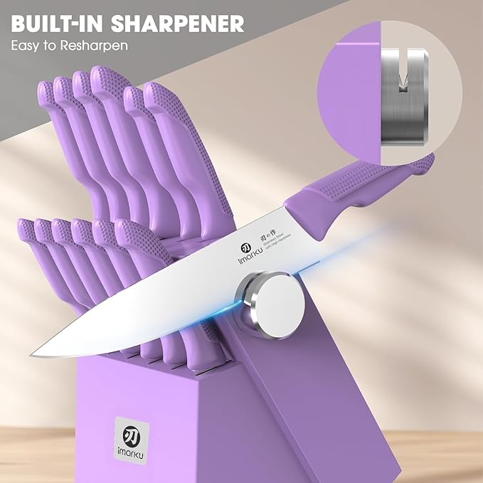imarku® Kitchen Knife Set, Sharp Knives Set with Built-in Sharpener, Stainless Steel Block Knife Set and Non-Slip Ergonomic Handle, Dishwasher Safe, 14 PCS Professional Knife Set for Gift, Lavender - Image 2