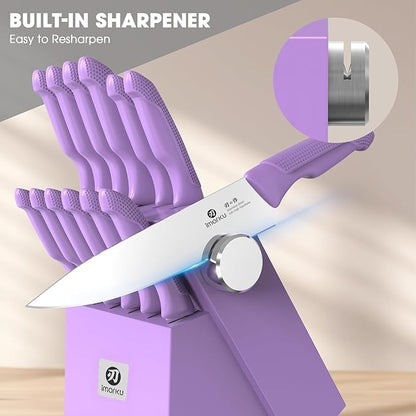 imarku® Kitchen Knife Set, Sharp Knives Set with Built-in Sharpener, Stainless Steel Block Knife Set and Non-Slip Ergonomic Handle, Dishwasher Safe, 14 PCS Professional Knife Set for Gift, Lavender - Image 2