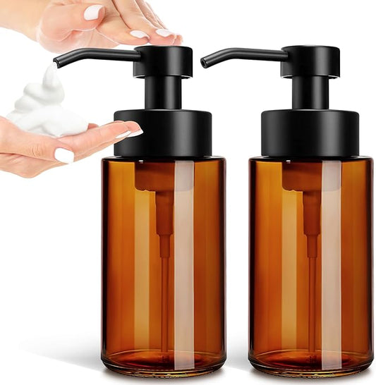 GMISUN Glass Foaming Soap Dispenser, 10 Fl oz / 300ml Amber Glass Soap Dispenser for Bathroom & Kitchen, 2 Pack Modern Refillable Foam Hand Soap Dispensers, Bathroom Hand Soap Dispensers with Labels