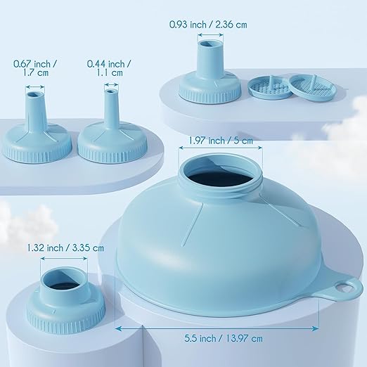 Pisol Wide Mouth Versatile Funnel, Canning Funnels for Kitchen Use, Food Grade Plastic Cooking Funnel Set with 4 Size Spouts and 2 Strainers for Filling Different Bottles and Bags, Blue - Image 7