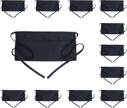 BOHARERS Waist Apron with 3 Pockets 12 Pack - Black Waitress Server Short Apron by BOHARERS