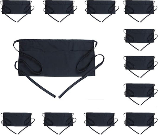 BOHARERS Waist Apron with 3 Pockets 12 Pack - Black Waitress Server Short Apron by BOHARERS