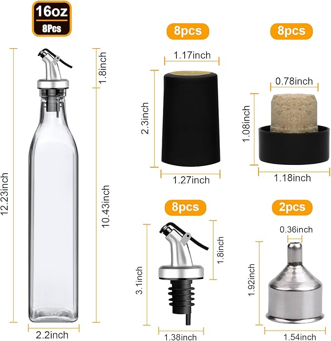 Salzesfalls 8 Pack 17oz Olive Oil Dispenser Bottle,Oil Dispenser for Kitchen, Cooking Oil Dispenser,Vinegar Cruet Bottle,Clear Cruet with Pourers and Corks - Image 2