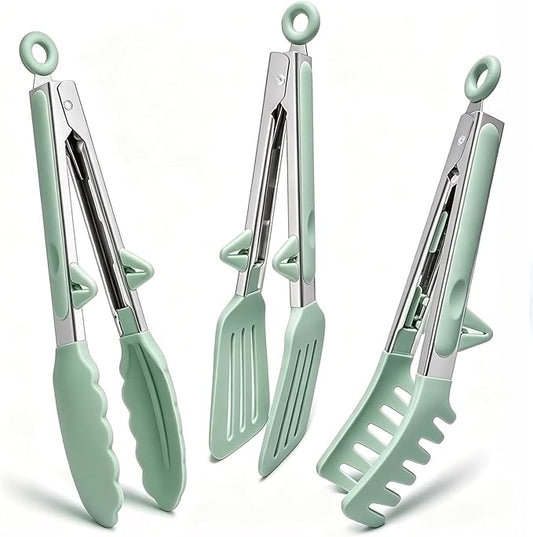 Kitchen Tongs for Cooking, 9 Inch Small Silicone Tongs, Food Grade Mini Serving Tongs with Silicone Tips, Set of 3, Green by TOWINGO
