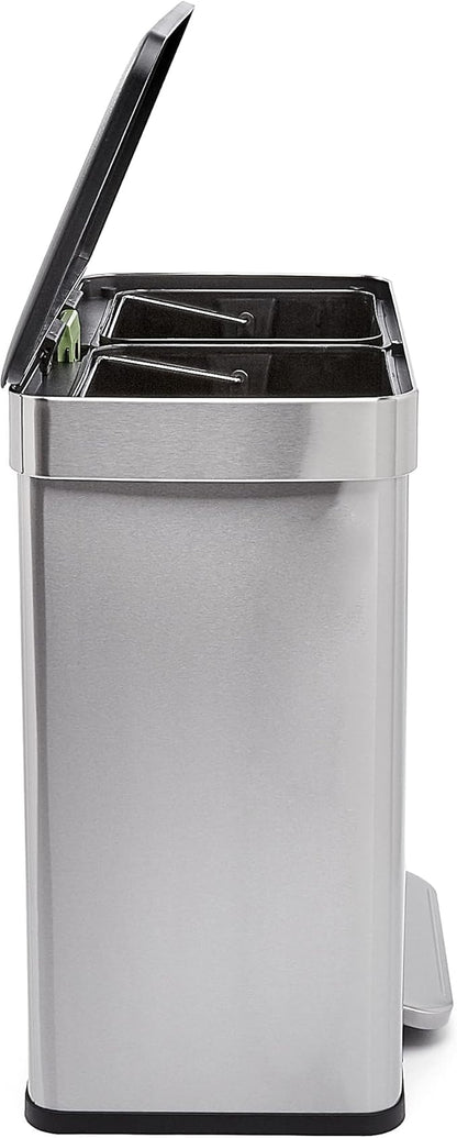 Amazon Basics Dual Compartment Recycling Trash Can with Soft-Close Lid, Fingerprint Resistant, Removable Liner Buckets, 60 Liters, Rectangular, Grey, Silver - Image 2