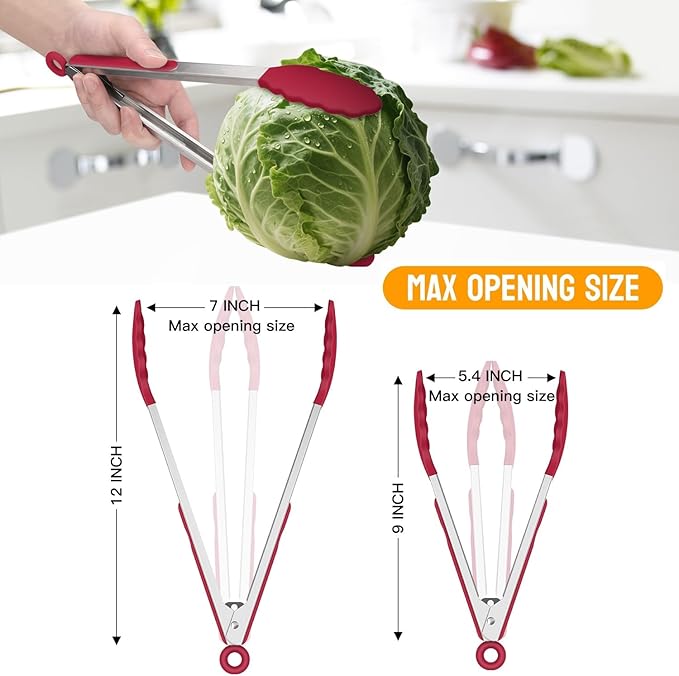 HOTEC Premium Stainless Steel Locking Kitchen Tongs with Silicon Tips, Set of 2-9" and 12"(Red) - Image 5